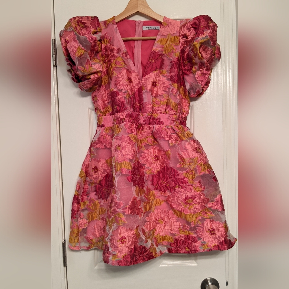 Mini Spring Floral Puff Sleeve V-Neck Dress